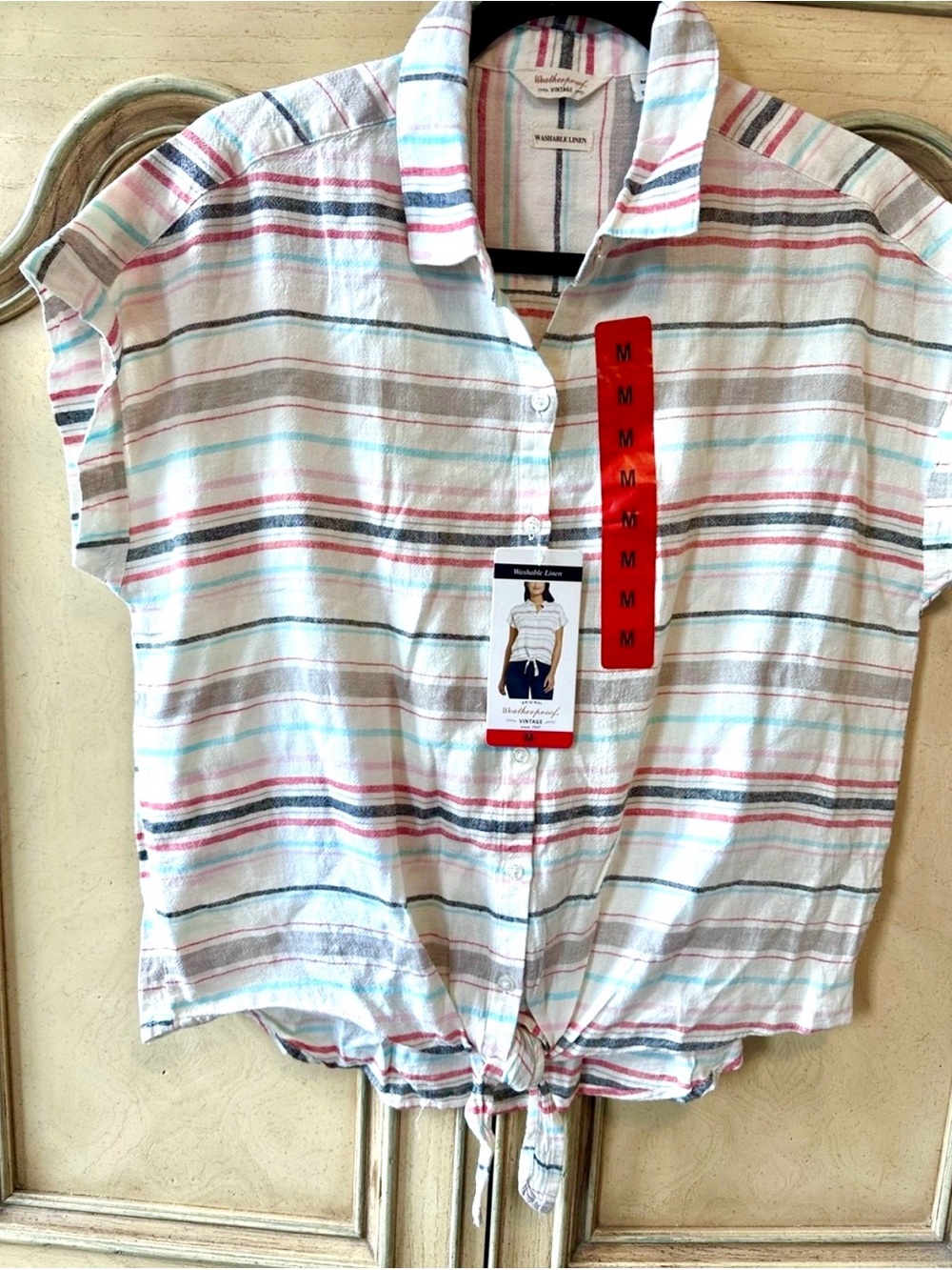Weatherproof Women's White Striped Button-Front Tie Hem Shirt - Pink, Blue, Gray
